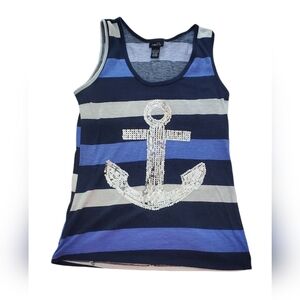 Rue21 Womens Sequined Blue and White Anchor Tank Top‎ Size Large